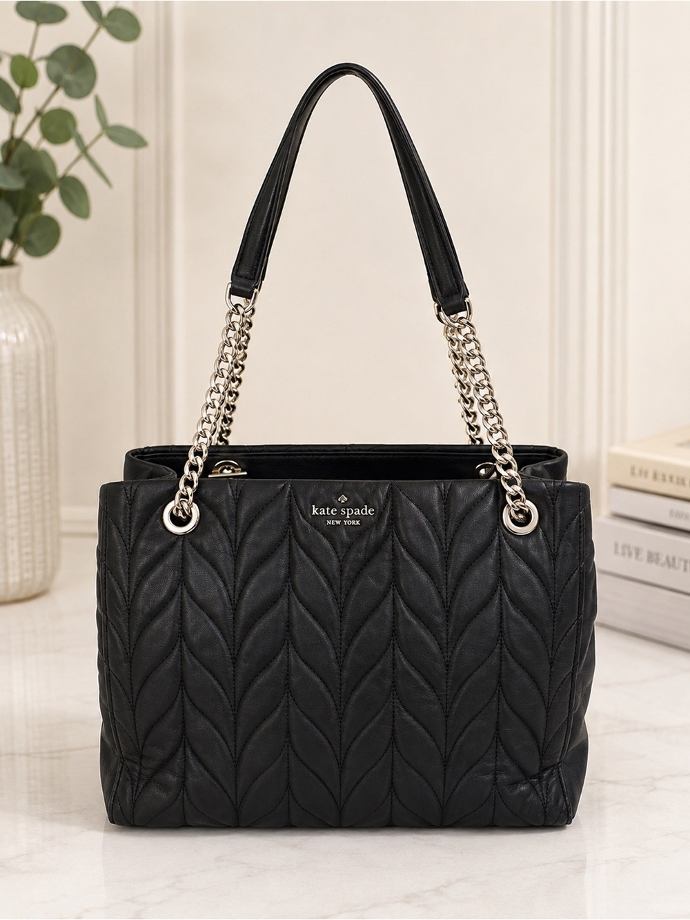Kate Spade Black Quilted Leather Chain Shoulder Tote Bag Work Laptop bag
